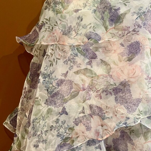 ANEWSTA Women Floral Print One Shoulder Ruffle Trim Petal Hem Evening Gown NWT - Picture 6 of 14